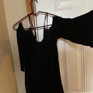 Black linen mini cold shoulder flare sleeve dress